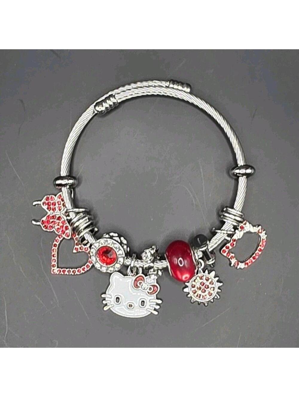 Hello Kitty Silver-Tone Charm Bracelet with Red Accents, New Without Tags
